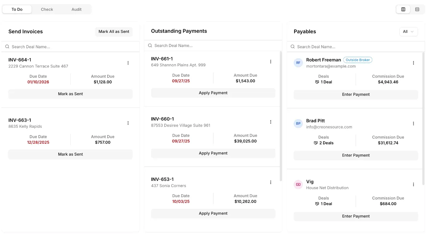 OS Back Office board showing invoices to send, outstanding payments, and commission payables