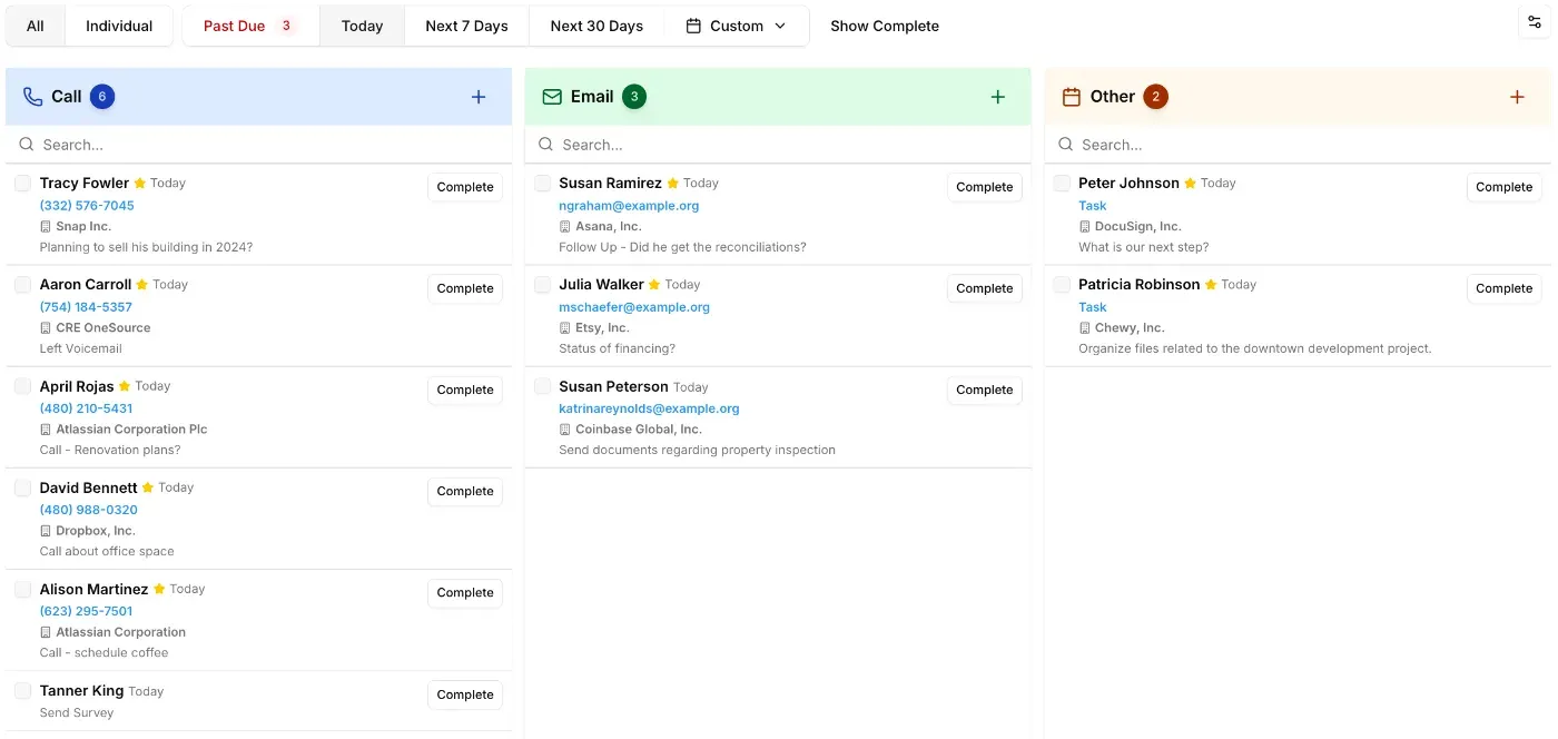 OS Prospects screen in the CRE OneSource commercial real estate CRM showing today's call, email, and task follow-ups organized in columns